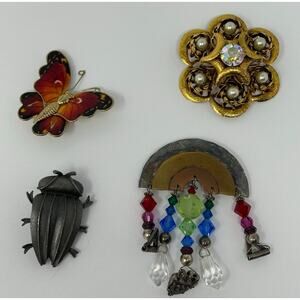 Lot 4 Vintage Brooches Pins Costume Jewelry Rainbow Beetle Butterfly Faux Pearl